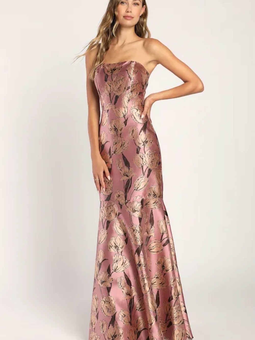 Lulus Gowning Around Mauve Floral Jacquard Strapless Maxi Dress